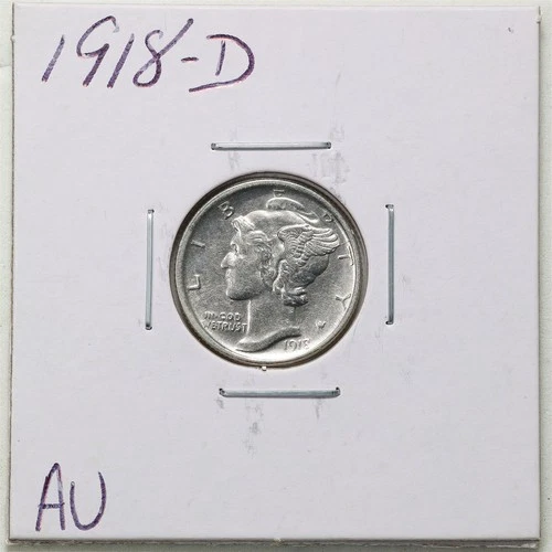 1918-D 10C Mercury Winged Liberty Silver Dime in AU Condition #6222