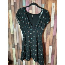 Free People Everyone's Favorite Mini Dress Black Plunging V-neck Floral Small