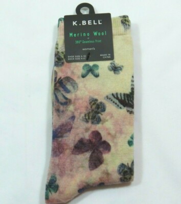  K Bell Womens Merino Wool Blend Butterflies Beige Purple Crew Socks Size 9-11