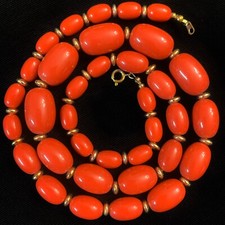 Vtg Cherry Red Lucite Oval Graduated Bead Necklace Midcentury 24 MOD