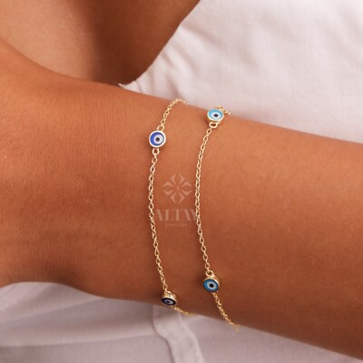 14K Gold Evil Eye Armband, Goldkette Armband, 2 Steine Evil Eye Bettelarmband