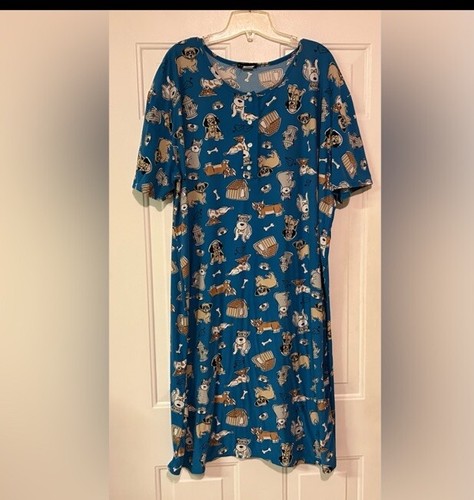 Not A Morning Person Blue Dog Print Super Soft Night Gown One Size Moo Moo - 第 1/14 張圖片