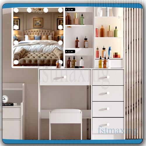 White Dressing Table With Makeup Mirror & LED Bulbs 6 Drawers Stool Vanity Desk - Picture 2 of 13