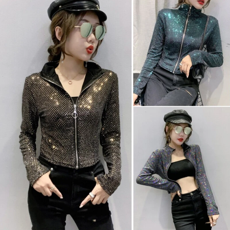 Lady Shiny Glitter Sequin Short Jacket Long Sleeve Zip Cardigan Coat Party Dance - Image 2 of 4