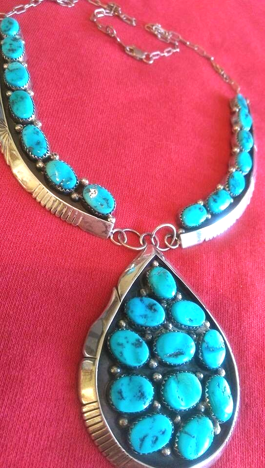 Navajo 25 Morenci Turquoise Silver Necklace Collectible Signed