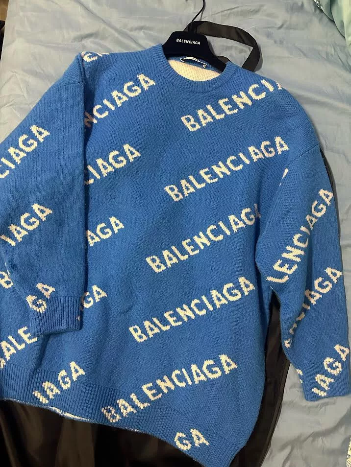 Balenciaga Monogram Logo Wool Blend Sweater Mens Blue