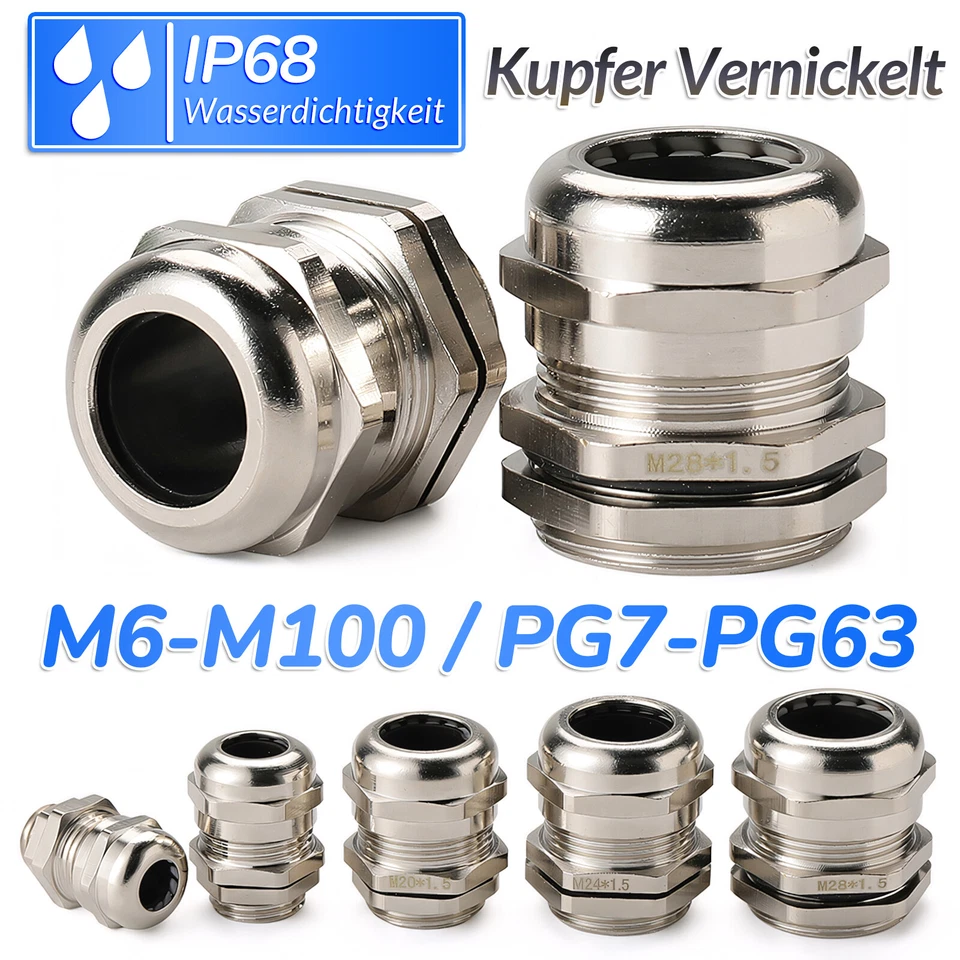 MARKENLOS M6-M100 Latón Metal niquelado IP68 Conexión de cable con tuerca contraria