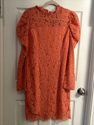NWT Main Strip Women’s Midi Lace Long Sleeve Dress Size L large Coral