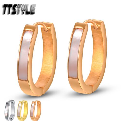 Quality TTstyle Mother Pearl Stainless Steel U Sharp Hoop Earrings 3 Colors NEW - Picture 1 of 4