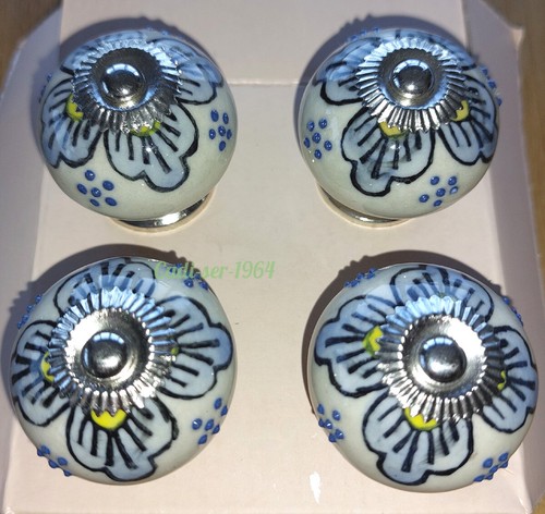 Instant Furniture Update Ceramic Drawer Pulls Set of 4 Knobs Blue White & Silver - Picture 5 of 12