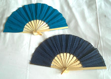 2 Blue White Fans Hand Bamboo Cloth Handmade Indonesia New Avenico Abenico 628S