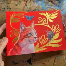 Original painting cat snail butterfly art gold Surrealism decor orange Artettina