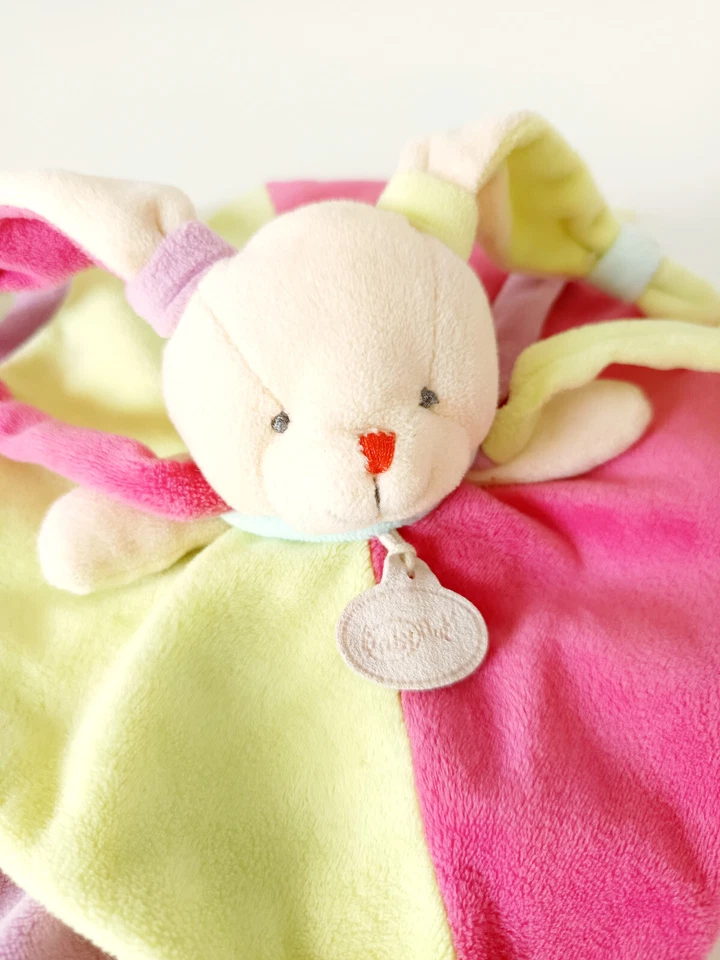 Doudou Plat/Mouchoir Carré Lapin Gourmandise Beige Rose Vert Bleu Mauve  Babynat - Photo 2/4