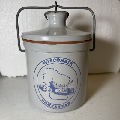 Vintage Wisconsin Homestead Gray Glass Cheese Crick Bail Wire 1970s