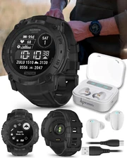 Garmin Instinct 3 Tactical Solar 50mm GPS Rugged Outdoor Smartwatch  WHT EarBuds