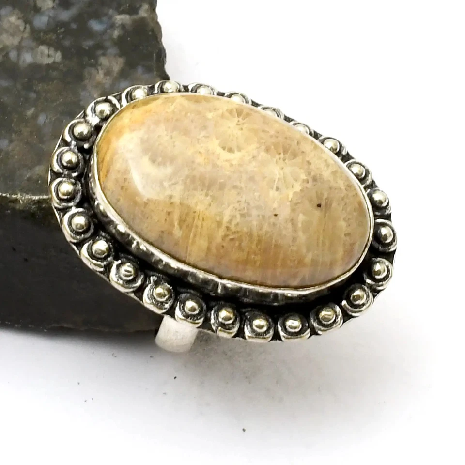 Fossil Koralle Edelstein Handarbeit Ring Schmuck für Neujahr US-Größe - 7 AR 33292