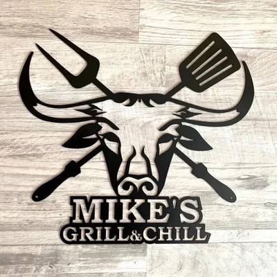Personalized BBQ Sign Custom Grill & Chill Lounge Metal Sign Dad's Backyard Deco