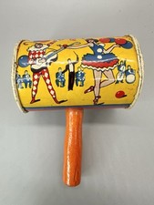    Vintage Tin Wood Handle Dancers Noisemakers Toy 5" Red Yellow Collectible