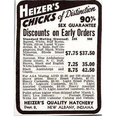 Heizer's Quality Hatchery Chicks of Distinction New Albany NY 1939 Ad SAH7-M1