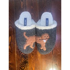 Lands End Womens 8B Gray Wool Dog Clog Slippers Goldendoodle Faux Fur Lined Cozy