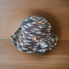 Crocheted Handmade Woman's Bucket Hat With Ruffle Edge - Blue/Tan/White - NWOT