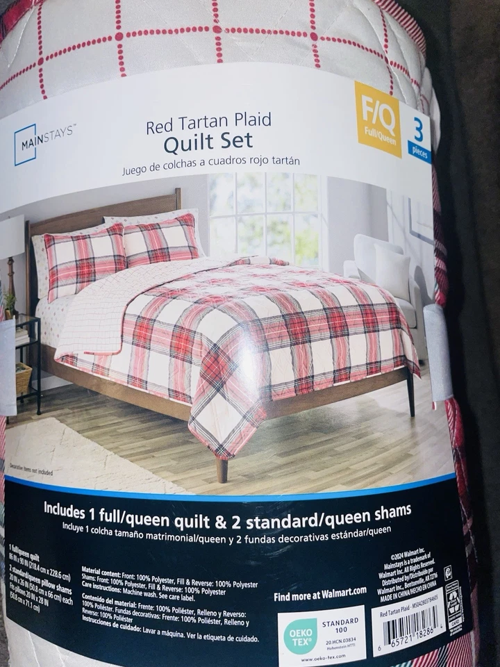 Mainstays 3 изделия взрослых лоскутное одеяло комплект, красный Tartan клетку, полный королева, совершенно новый - Изображение 3 из 4