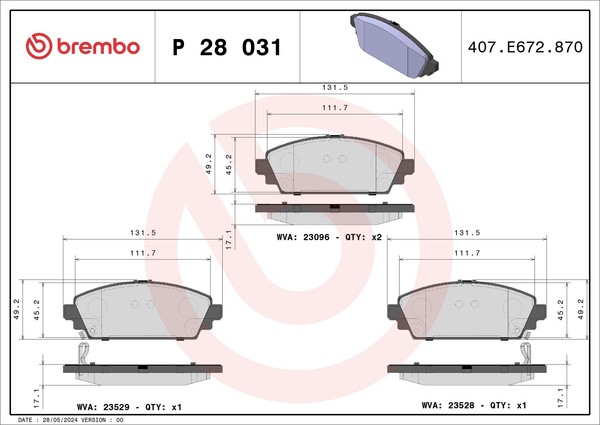 Brembo Bremsbelagsatz Scheibenbremse Prime P 28 031 FüR Civic CG CH CK EU CL 6 7-image
