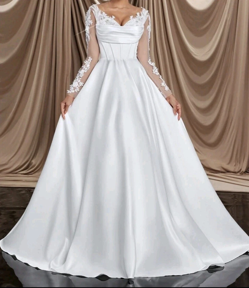 green birthday dress Zapaka Women Ivory Wedding Dress Square Neck Long Sleeve A Line Bridal Dress  – ZAPAKA UK main image 1