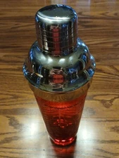 Vintage MCM Red CUT-TO-CLEAR COCKTAIL Shaker/CHROME Lid & Strainer - Very Clean!