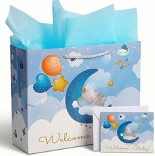 Baby Boy Bag with Tissue Paper  Card, Lar Blue Elephant Bag