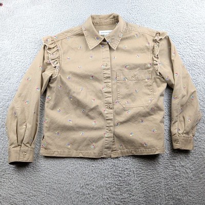 Something Navy Shirt Jacket Womens XS Brown Flower Magnolia Ruffle Cotton Denim