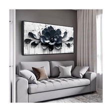Flower Wall Art for Lving Room, Blue Black and White Canvas Wall Decor for Be...