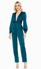 Ieena for Mac Duggal Teal Satin V-Neck Jumpsuit 2 Pleated Zip Long Sleeve $298 m