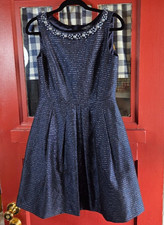 Tahari ASL Navy Blue Silver Metallic Sleeveless Dress Beaded Collar Size 2P