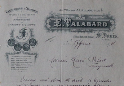 Rechnung 1911 SAINT-DENIS Seine Distillerie TALABARD Likör Sirup GALLAND 3
