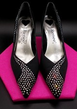 Vintage J. Renee Evening Rhinestone Crystals Black Fabric Leather Pumps US 8.5m