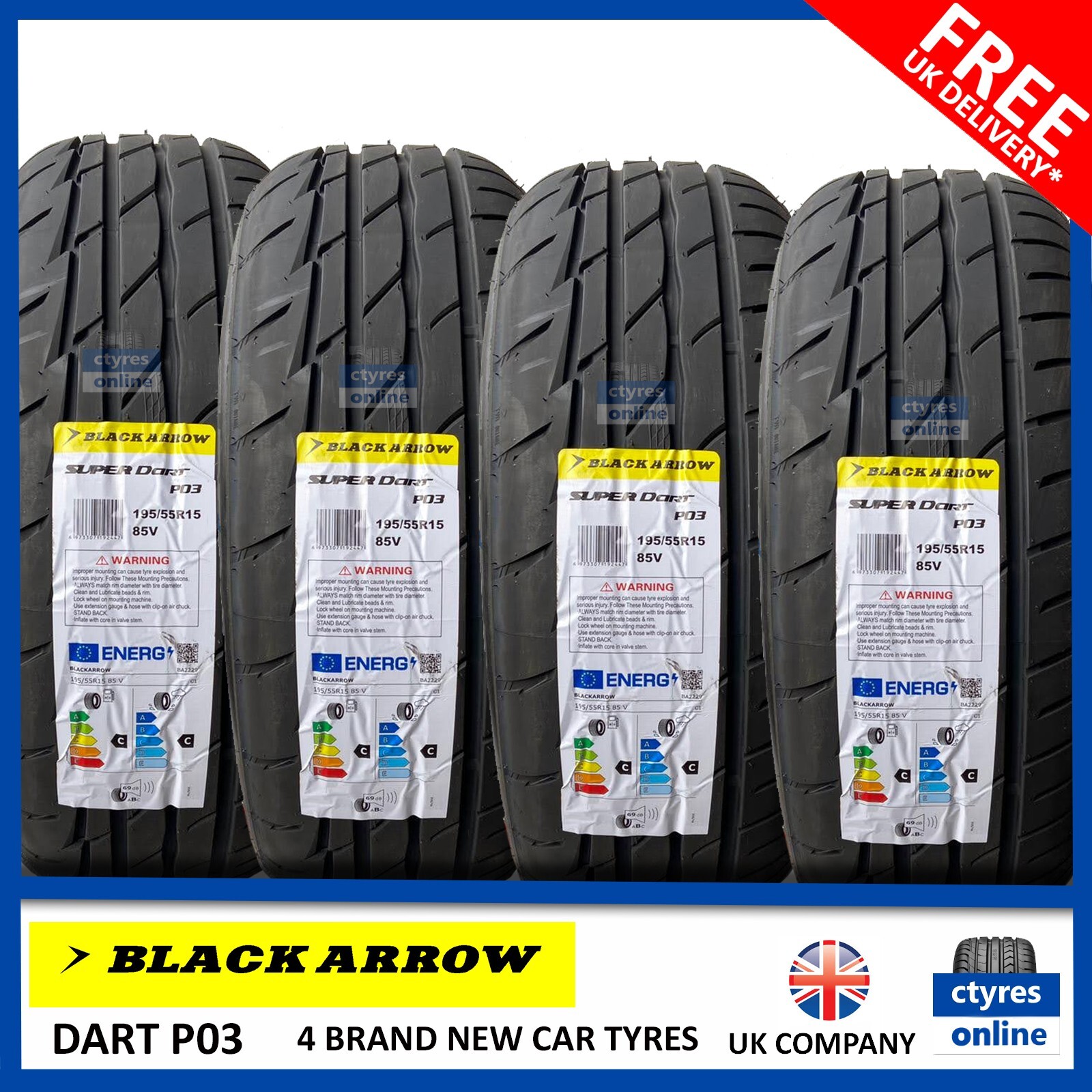 4X New 195 55 15 BLACKARROW P03 85V 195/55R15 1955515 *C/C RATED* (4 ...