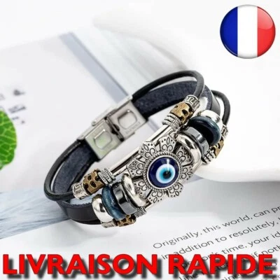 Bracelet Punk Turc Mauvais œil Acier inoxydable Bijoux Multicouches Cuir Qualité