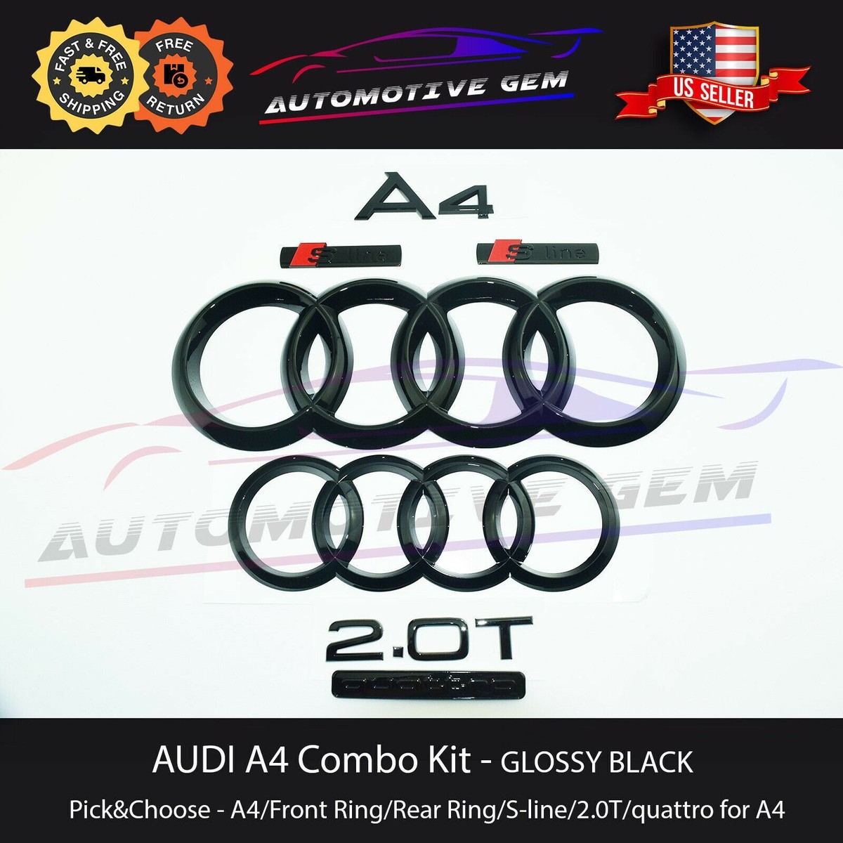 AUDI A4 Emblem BLACK Front Grille Trunk Ring Quattro 2.0T S Line 