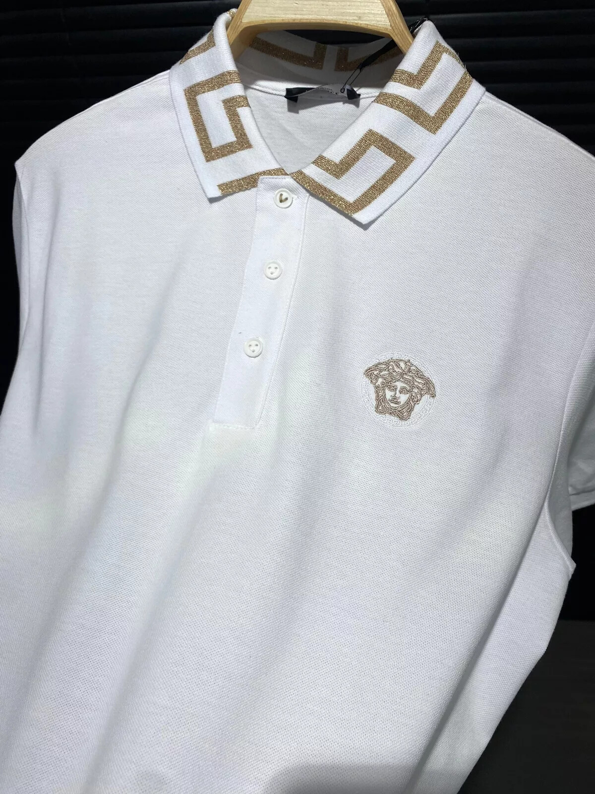Versace Men's Slim Fit White & Gold Embroidered Polo T-Shirt Short Sleeve US Size