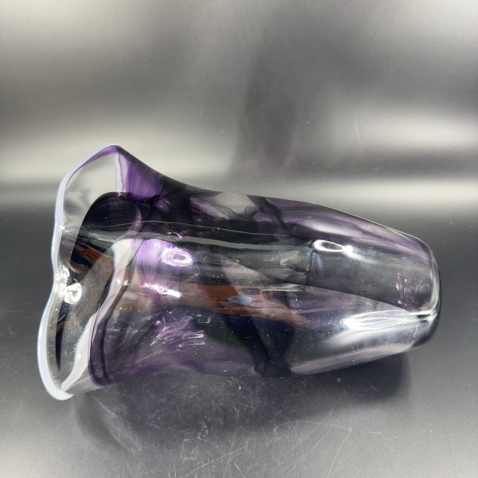 Hand Blown Studio Art Glass Vase Vessel Hand Made Purple Black Swirls