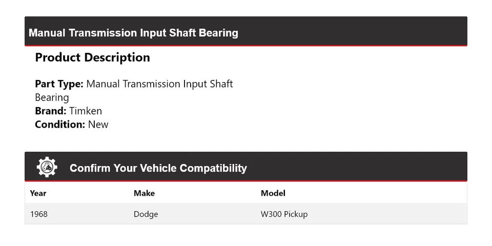 Cojinete de eje de entrada de transmisión manual Timken para camioneta Dodge W300 1968 Foto 2 de 4