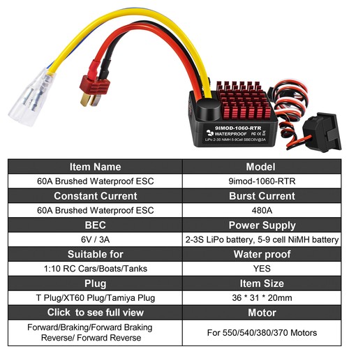 1060 RTR 60A 2-3S Waterproof Brushed ESC Speed Controller 6V 3A BEC for 1/10 Car - Picture 9 of 12