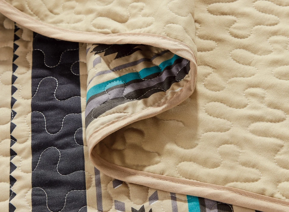 Chezmoi Collection 3-Piece Teal Beige Southwestern Tribal Quilt Bedspread Set - Image 3 of 4