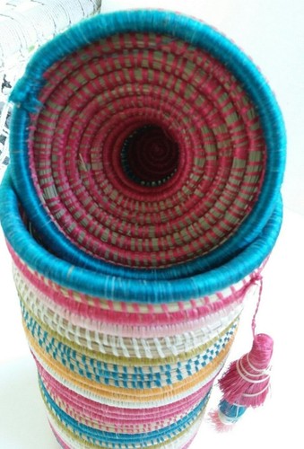 Colorful Rwandan Woven Sweetgrass Basket Container with glass insert - Picture 4 of 6