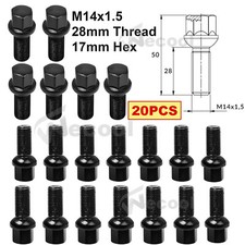 20x Radschrauben M14x1,5 28mm Kugelbund Schwarz SW17 Radbolzen Alu Stahlfelgen
