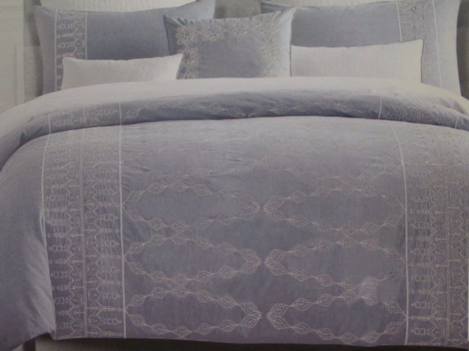 Nicole Miller CHAMBRAY Denim Azul Blanco Bordado Floral Juego - Queen Foto 3 de 4