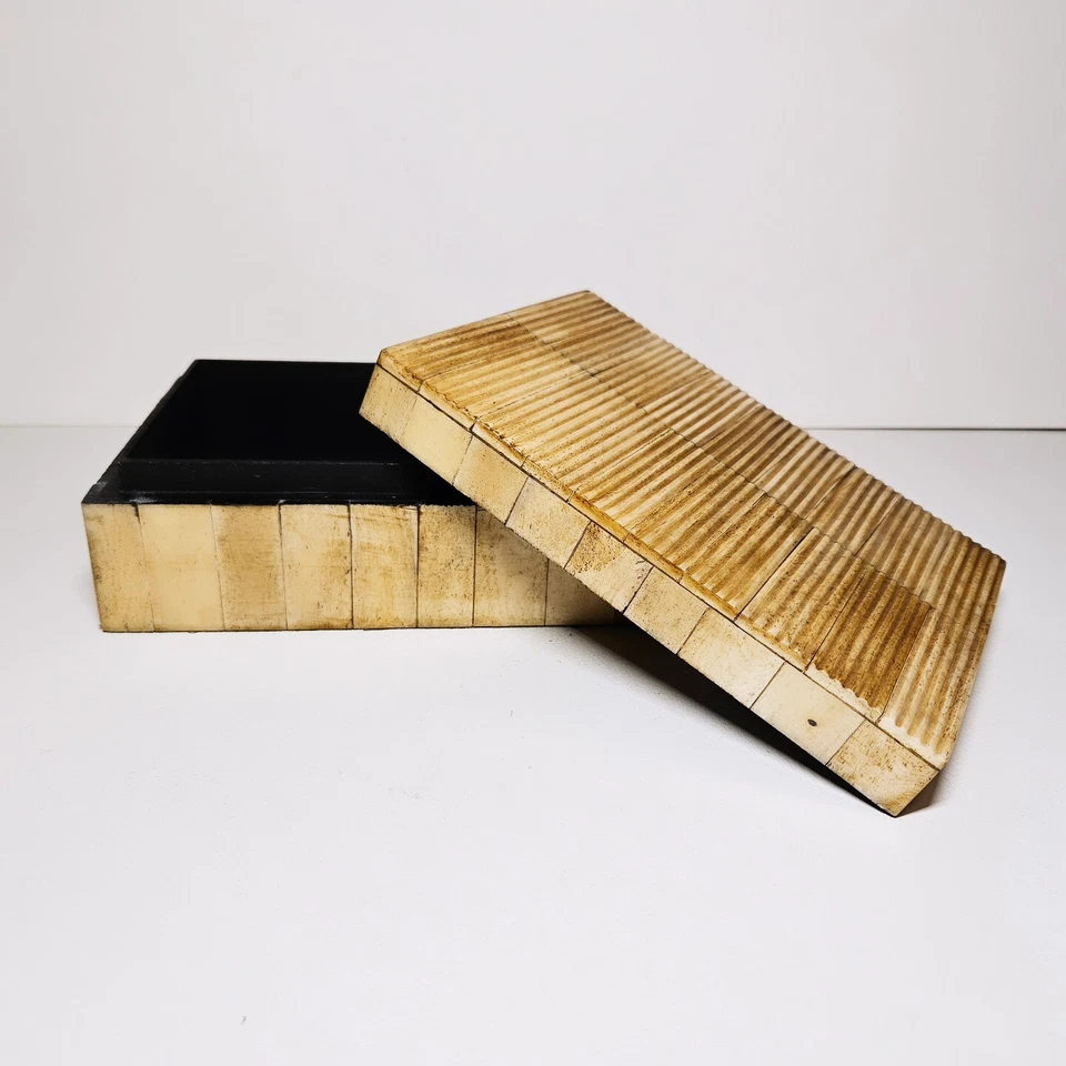 Caixa decorativa feita à mão retangular com nervuras incrustação óssea - Imagem 3 de 4