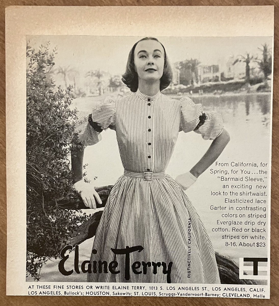 1957 Elaine Terry Barmaid Sleeve Shirtwaist Dress Fashion 50s Print Ad