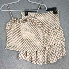 Pink Rose Skirt Set Medium Cream Tiered Smocked Cottage Coquette Coachella Boho